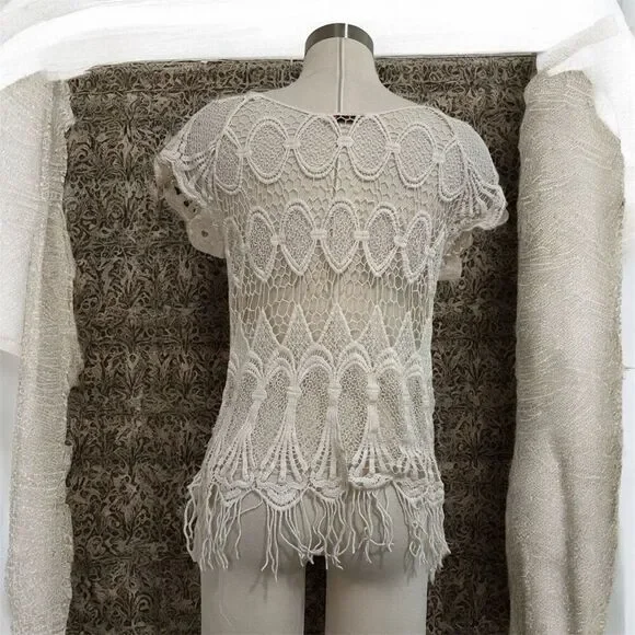 Vivid Imports Y2K Cream Crochet Woven Lace Top Shirt Small Knit - Picture 3 of 8
